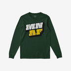 Forest-green long-sleeve T-shirt featuring bold “MN AF” print, embodying Minnesota As Fuck and Anti-Fascist themes, aligning with messages of equality and resistance.