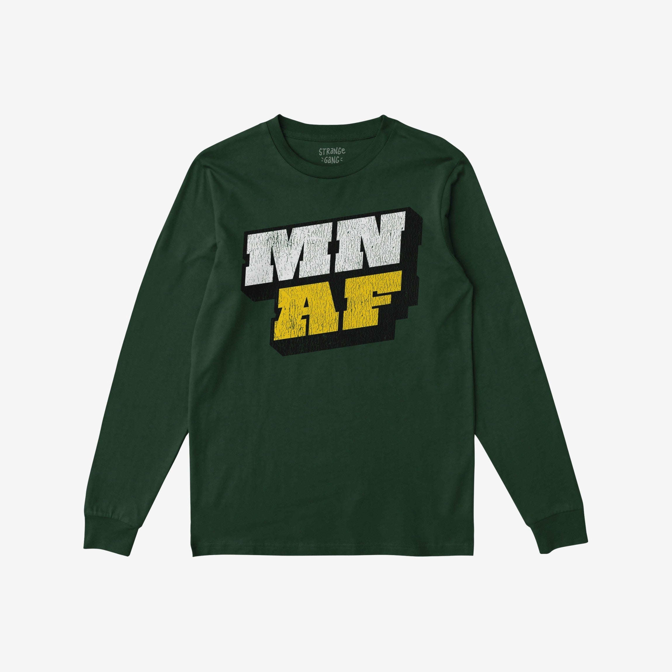 Forest-green long-sleeve T-shirt featuring bold “MN AF” print, embodying Minnesota As Fuck and Anti-Fascist themes, aligning with messages of equality and resistance.