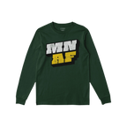 Forest-green long-sleeve T-shirt featuring bold “MN AF” print, embodying Minnesota As Fuck and Anti-Fascist themes, align