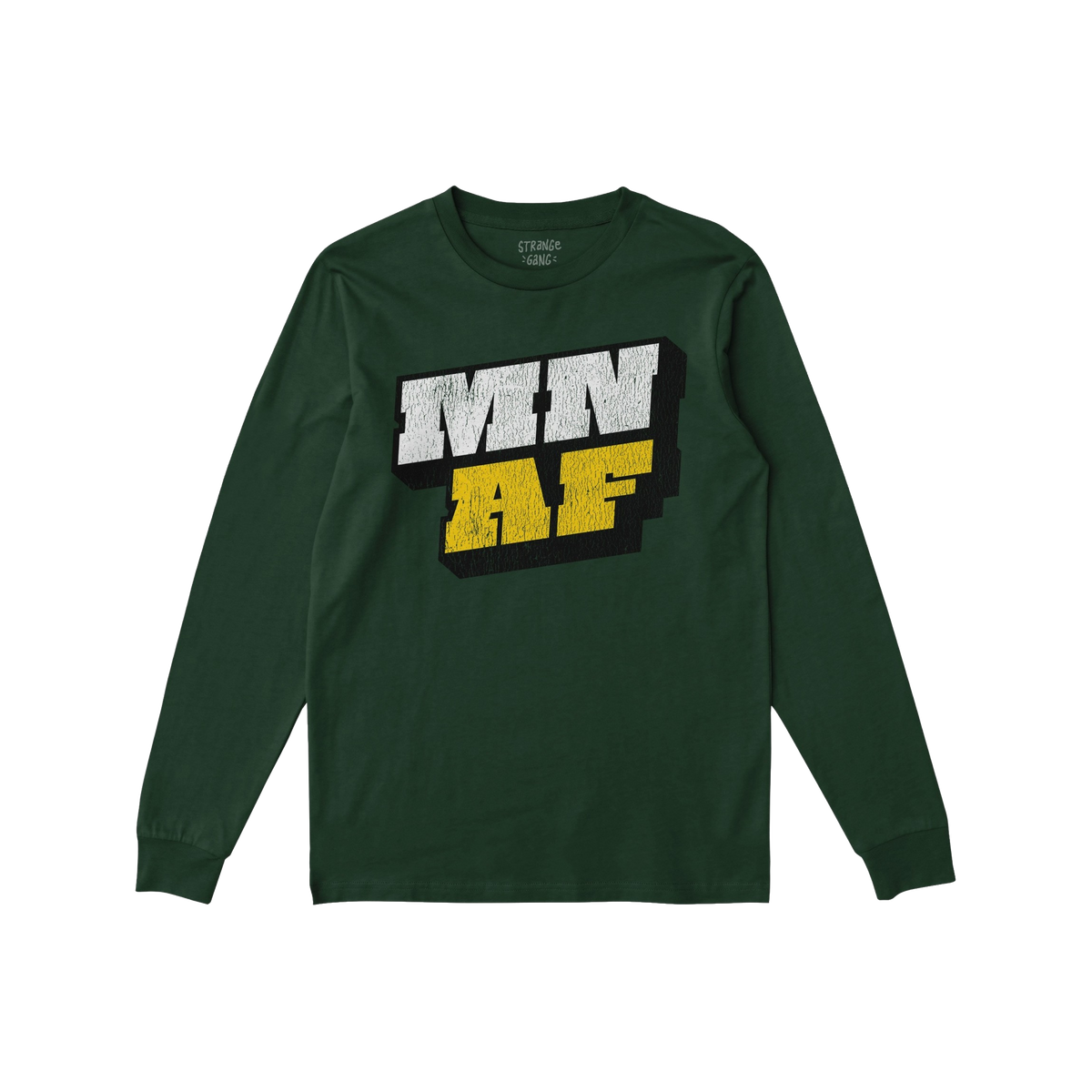 Forest-green long-sleeve T-shirt featuring bold “MN AF” print, embodying Minnesota As Fuck and Anti-Fascist themes, align