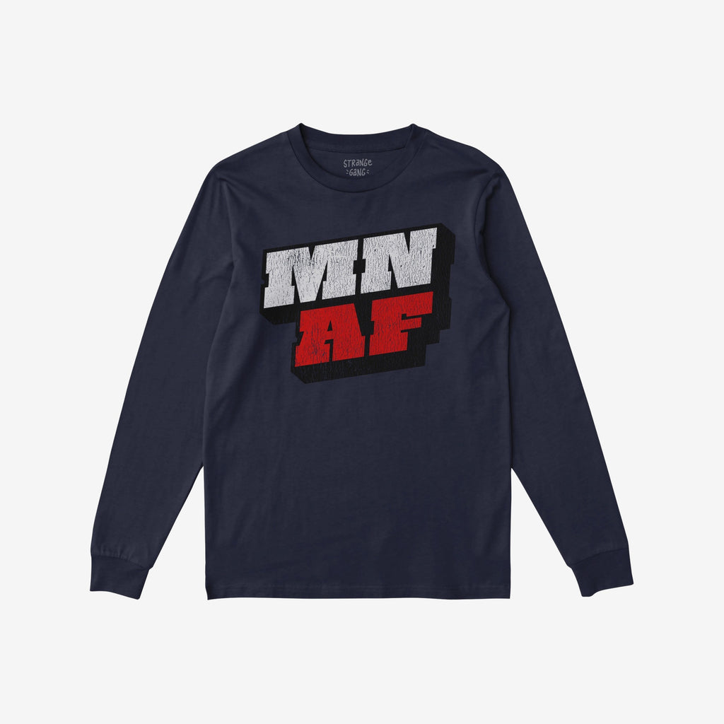 Navy-blue long-sleeve T-shirt featuring bold “MN” and “AF” 3D graphics, embodying the Minnesota As Fuck Anti-Fascist message, perfect for advocates and Twin Cities enthusiasts.