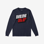 Navy-blue long-sleeve T-shirt featuring bold “MN” and “AF” 3D graphics, embodying the Minnesota As Fuck Anti-Fascist message, perfect for advocates and Twin Cities enthusiasts.