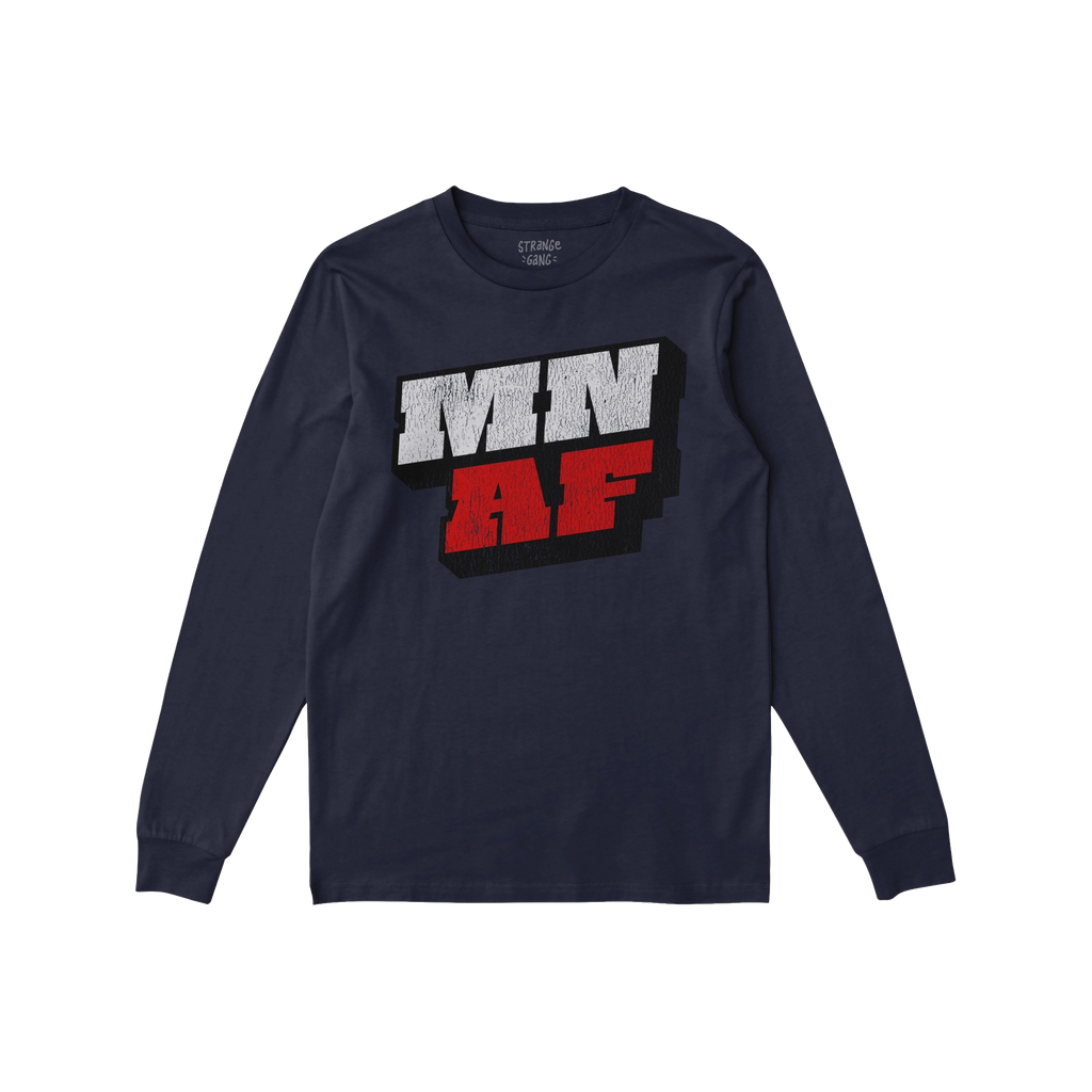 Navy-blue long-sleeve T-shirt featuring bold “MN” and “AF” 3D graphics, embodying the Minnesota As Fuck Anti-Fascist 