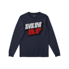 Navy-blue long-sleeve T-shirt featuring bold “MN” and “AF” 3D graphics, embodying the Minnesota As Fuck Anti-Fascist 