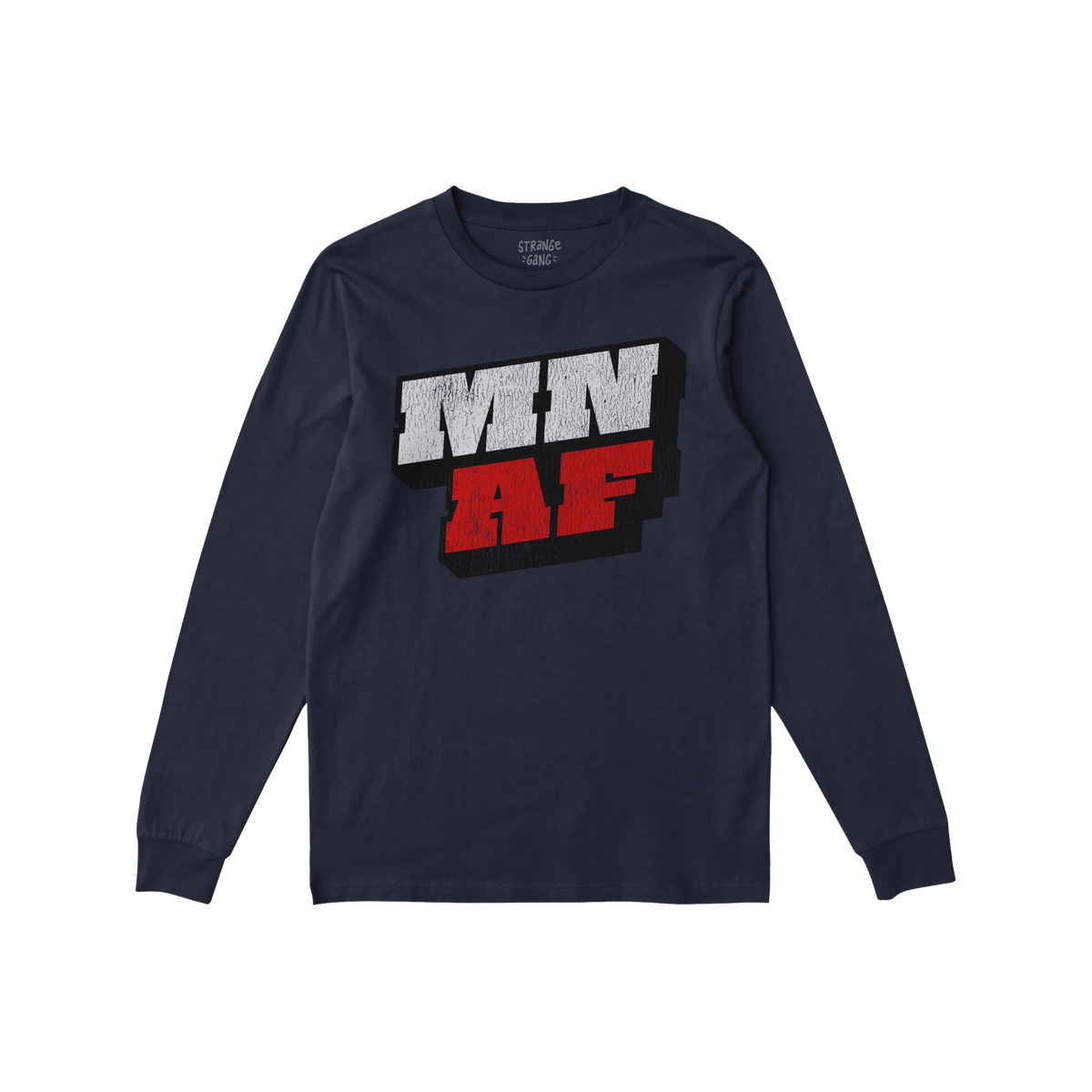 Navy-blue long-sleeve T-shirt featuring bold “MN” and “AF” 3D graphics, embodying the Minnesota As Fuck Anti-Fascist 