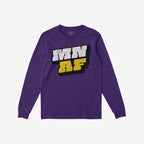 Purple long-sleeve Minnesota As Fuck Anti-Fascist T-shirt featuring bold MN and AF graphics, symbolizing assertive messages against fascism.