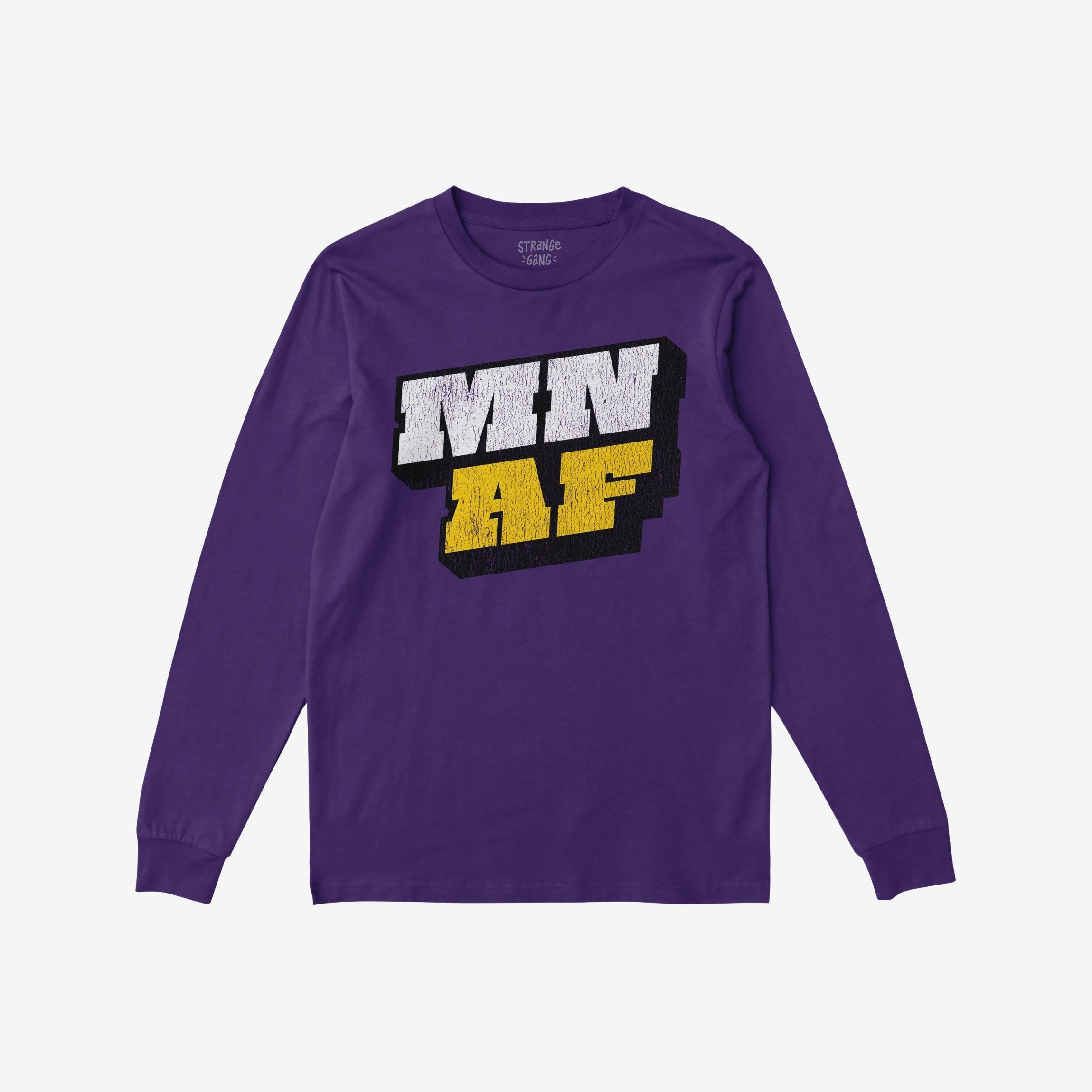 Purple long-sleeve Minnesota As Fuck Anti-Fascist T-shirt featuring bold MN and AF graphics, symbolizing assertive messages against fascism.