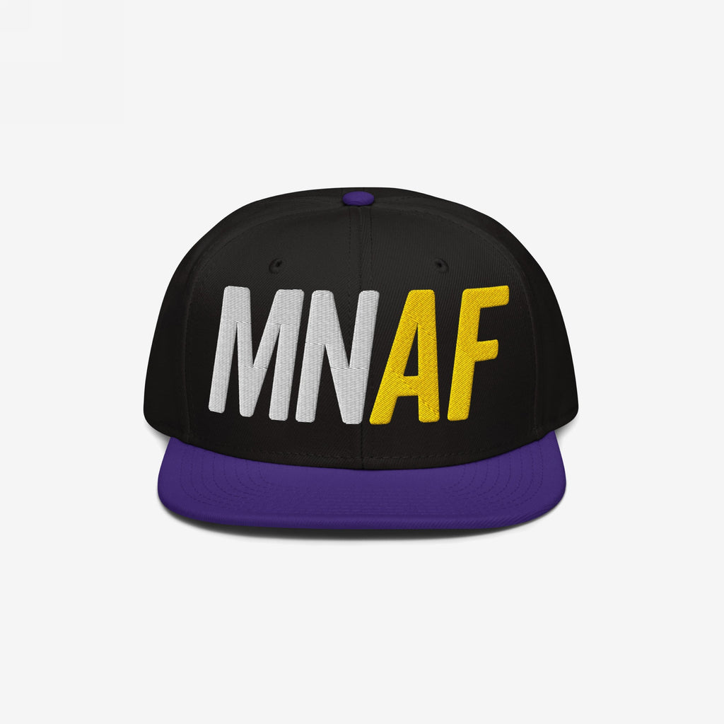 Minnesota As Fuck Anti-Fascist Hat features a black crown with a purple brim and embroidered MN in white and AF in yellow, embodying pro-equality and anti-fascist values.