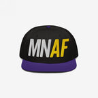 Minnesota As Fuck Anti-Fascist Hat features a black crown with a purple brim and embroidered MN in white and AF in yellow, embodying pro-equality and anti-fascist values.