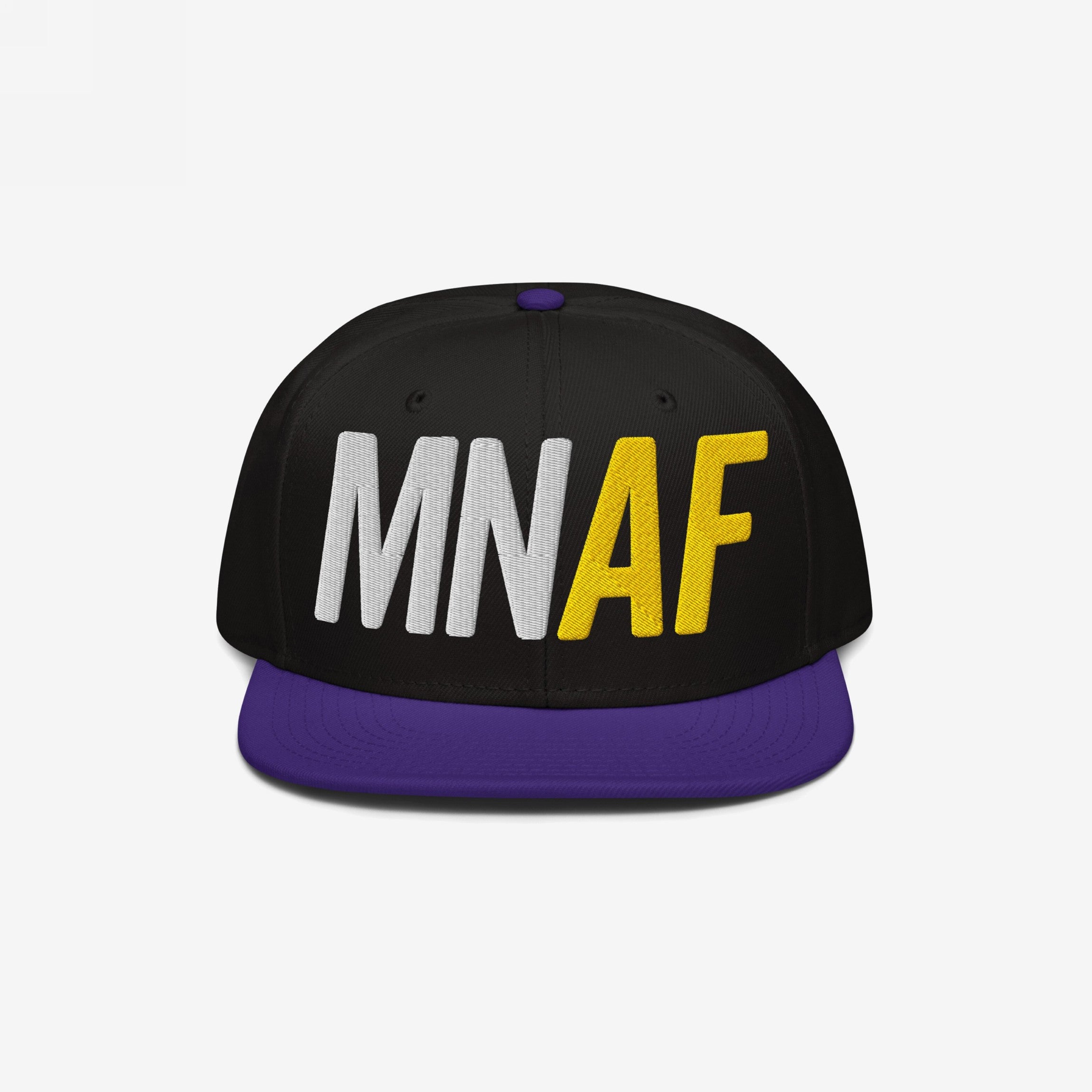 Minnesota As Fuck Anti-Fascist Hat features a black crown with a purple brim and embroidered MN in white and AF in yellow, embodying pro-equality and anti-fascist values.