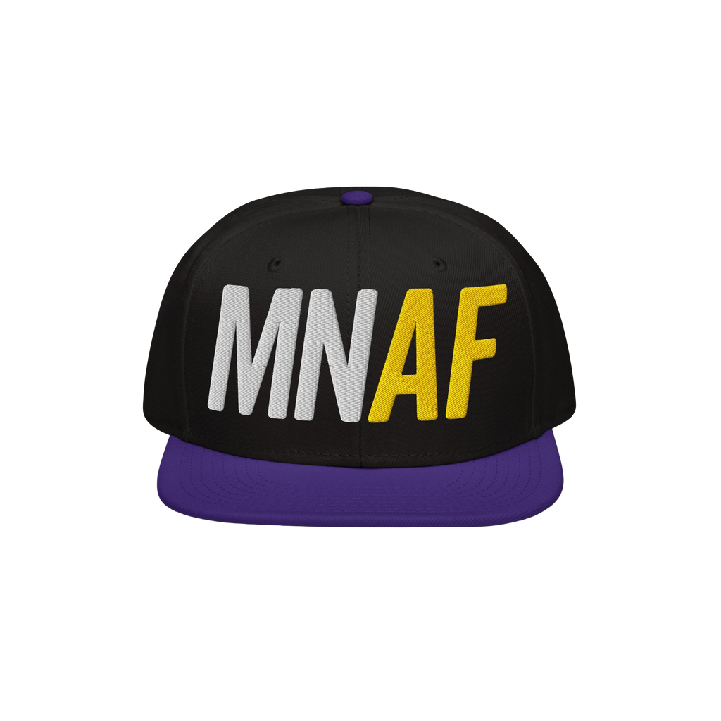 Minnesota As Fuck Anti-Fascist Hat features a black crown with a purple brim and embroidered MN in white and AF in yellow, em