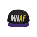 Minnesota As Fuck Anti-Fascist Hat features a black crown with a purple brim and embroidered MN in white and AF in yellow, em