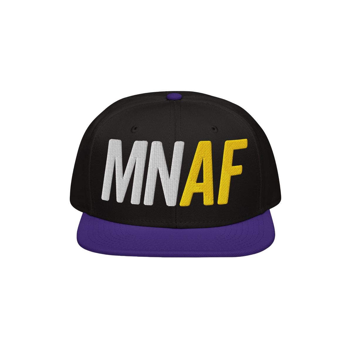 Minnesota As Fuck Anti-Fascist Hat features a black crown with a purple brim and embroidered MN in white and AF in yellow, em