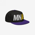 Minnesota As Fuck Anti-Fascist Hat features a black crown with a purple flat bill. Embroidered with MN AF in white and yellow, it's a bold statement for pro-equality advocates.