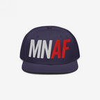 Flat-brim snapback cap in navy, featuring MN AF embroidery—white MN, red AF—representing Minnesota As Fuck and Anti-Fascist ideals, perfect for pro-equality supporters.