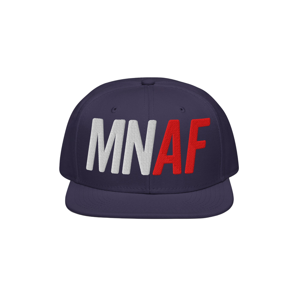 Flat-brim snapback cap in navy, featuring MN AF embroidery—white MN, red AF—representing Minnesota As Fuck and Anti-Fasci