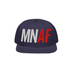 Flat-brim snapback cap in navy, featuring MN AF embroidery—white MN, red AF—representing Minnesota As Fuck and Anti-Fasci