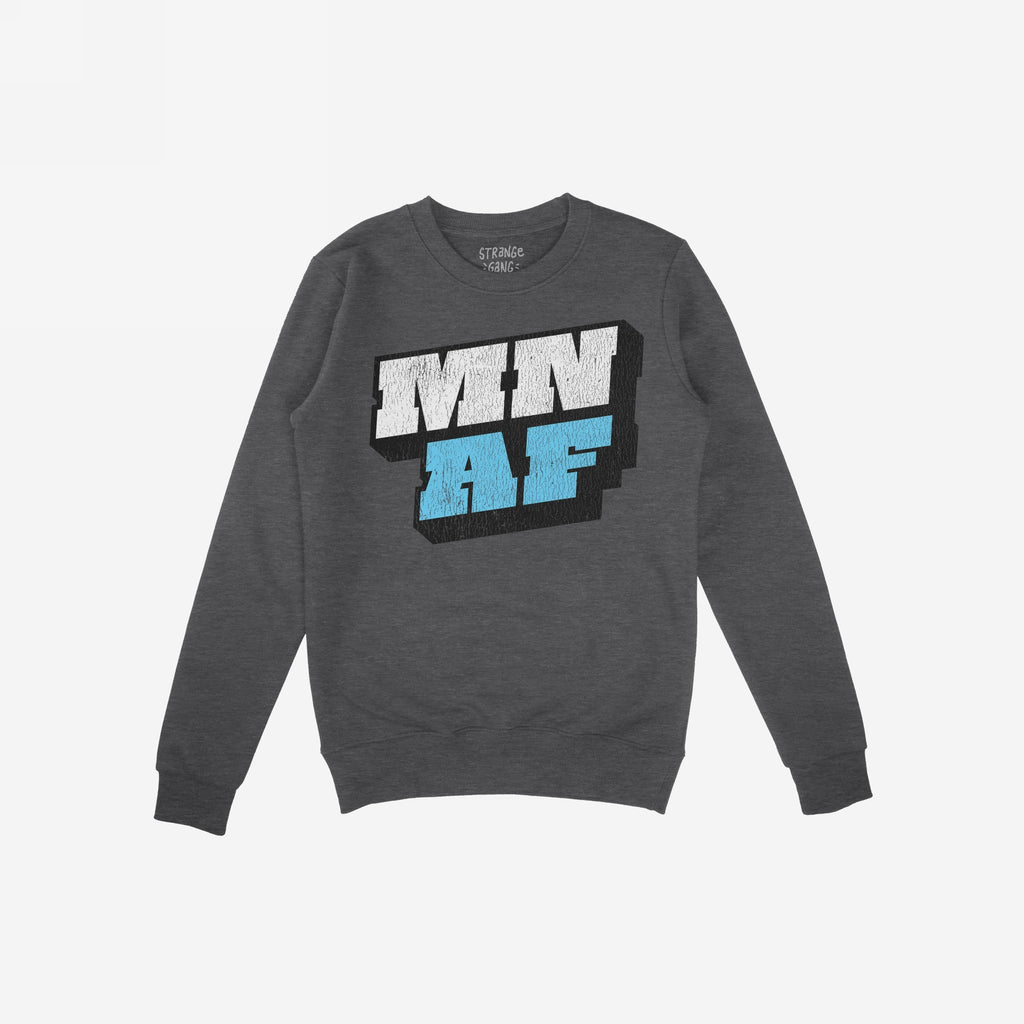 Dark-gray, long-sleeved crewneck sweatshirt featuring bold 3D-style MN AF graphic in white and blue. Represents Minnesota pride and anti-fascism, aligning with equality and activism themes.