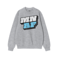 Dark-gray, long-sleeved crewneck sweatshirt featuring bold 3D-style MN AF graphic in white and blue. Represents Minnesota pri