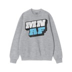 Dark-gray, long-sleeved crewneck sweatshirt featuring bold 3D-style MN AF graphic in white and blue. Represents Minnesota pri