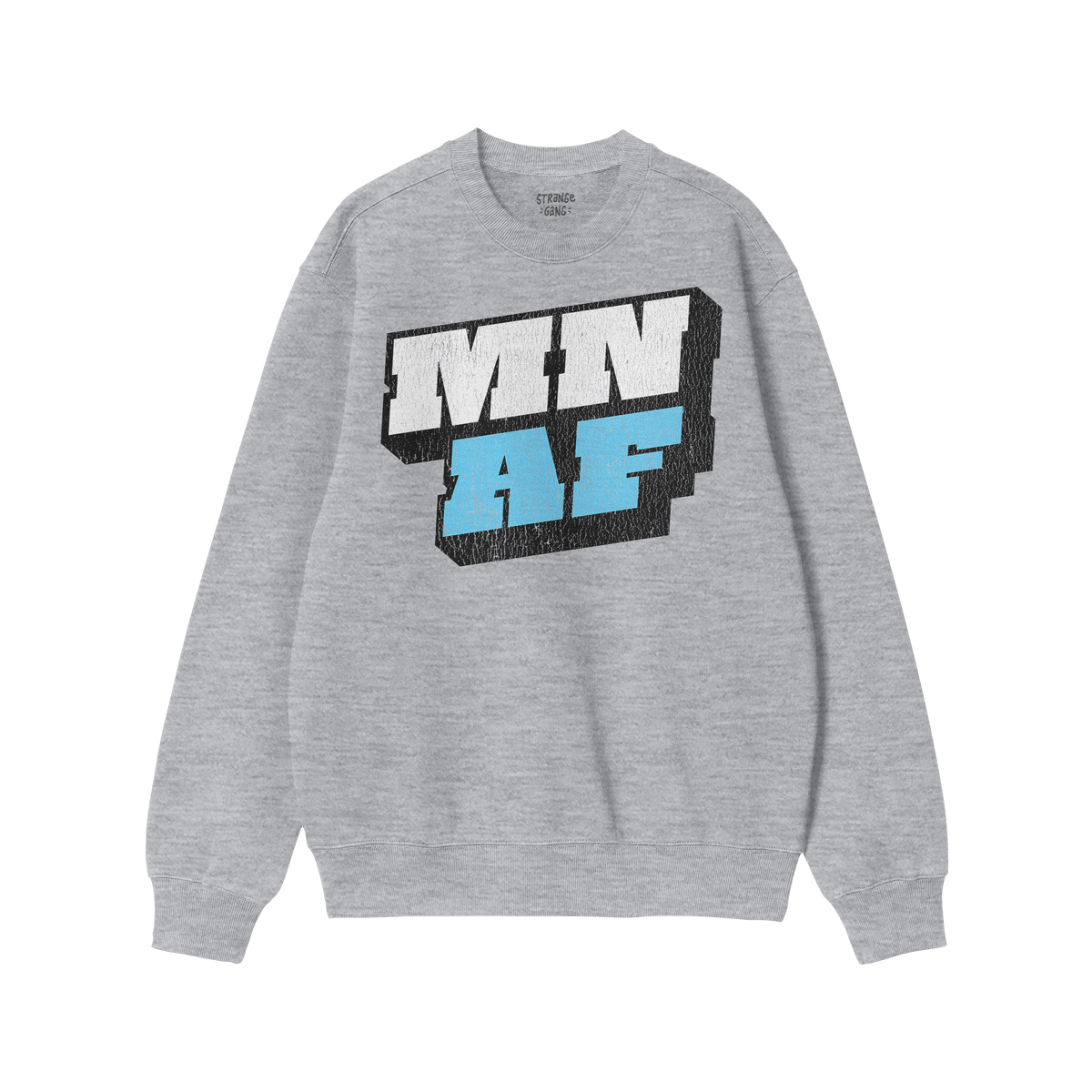 Dark-gray, long-sleeved crewneck sweatshirt featuring bold 3D-style MN AF graphic in white and blue. Represents Minnesota pri