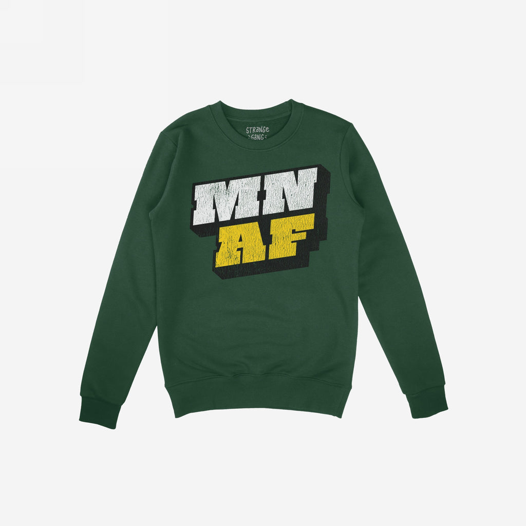 Dark-green crewneck sweatshirt with “MN” in white and “AF” in yellow on front, representing Minnesota pride and anti-fascism. The Minnesota As Fuck Anti-Fascist Hoodie & Sweatshirt reflects equality and activism.