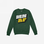 Dark-green crewneck sweatshirt with “MN” in white and “AF” in yellow on front, representing Minnesota pride and anti-fascism. The Minnesota As Fuck Anti-Fascist Hoodie & Sweatshirt reflects equality and activism.