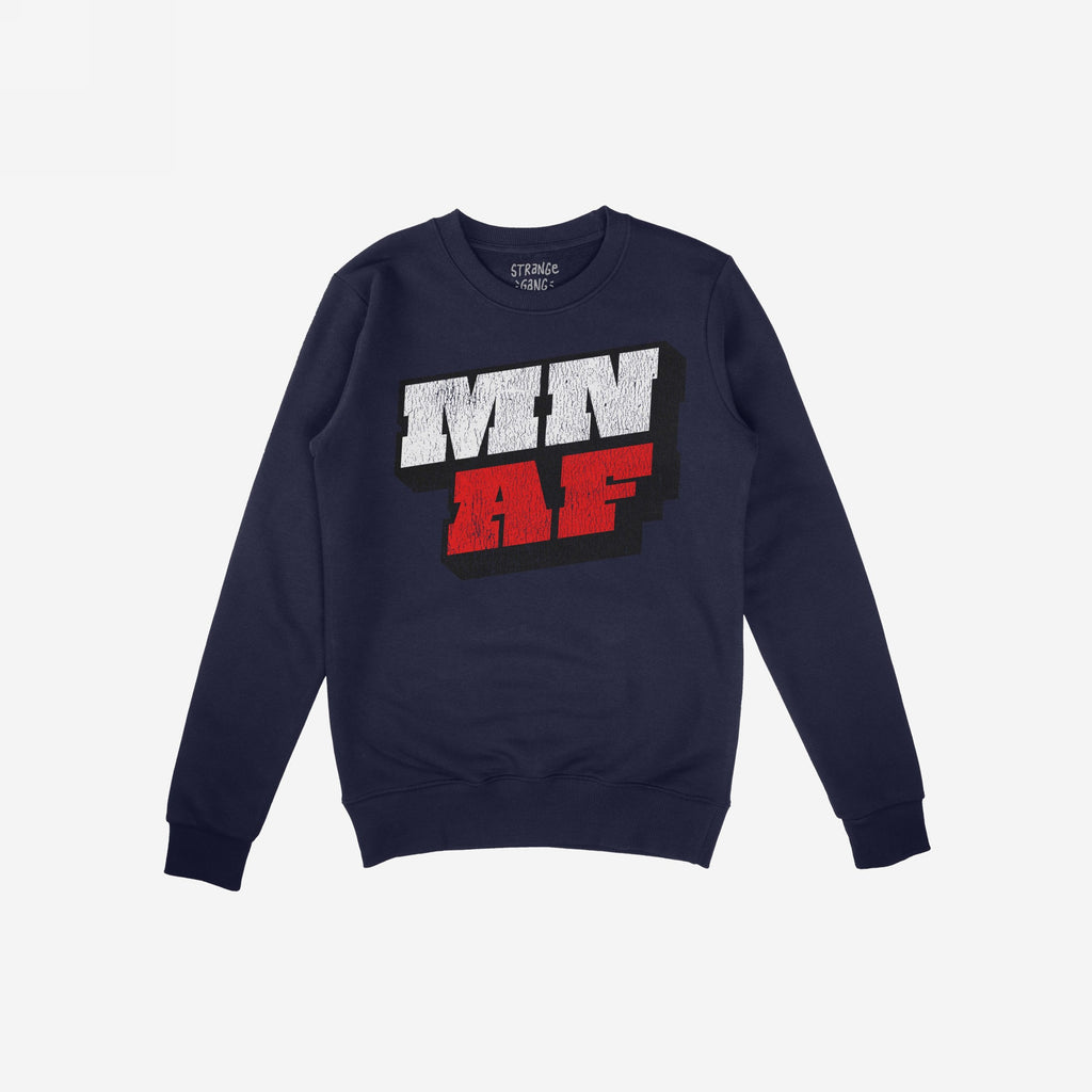 Navy-blue Minnesota As Fuck Anti-Fascist crewneck sweatshirt featuring bold MN and AF block lettering, symbolizing equality and anti-fascism. Casual pullover style with ribbed cuffs and hem.