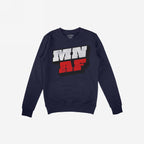 Navy-blue Minnesota As Fuck Anti-Fascist crewneck sweatshirt featuring bold MN and AF block lettering, symbolizing equality and anti-fascism. Casual pullover style with ribbed cuffs and hem.