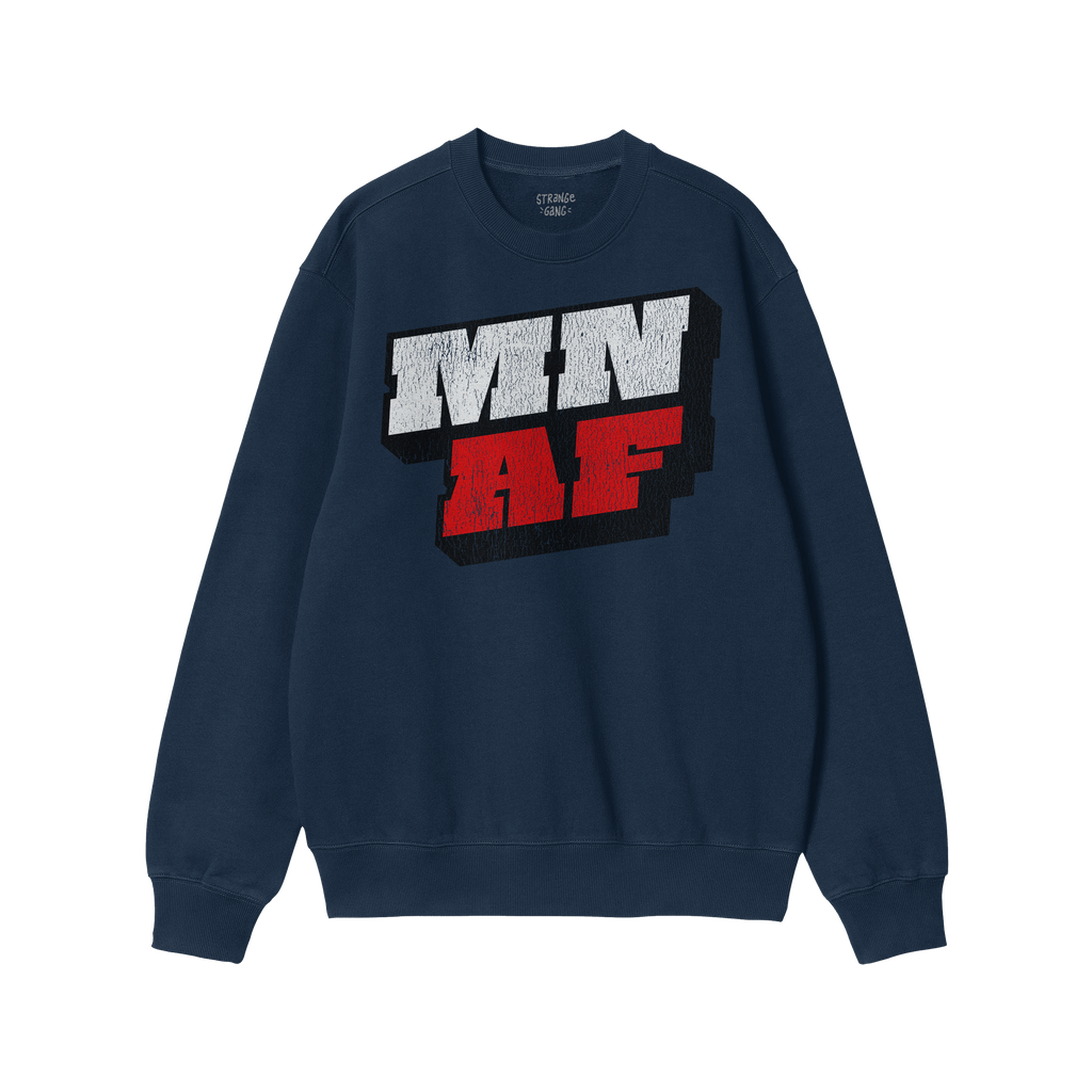Navy-blue Minnesota As Fuck Anti-Fascist crewneck sweatshirt featuring bold MN and AF block lettering, symbolizing equality a