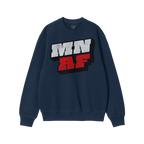 Navy-blue Minnesota As Fuck Anti-Fascist crewneck sweatshirt featuring bold MN and AF block lettering, symbolizing equality a