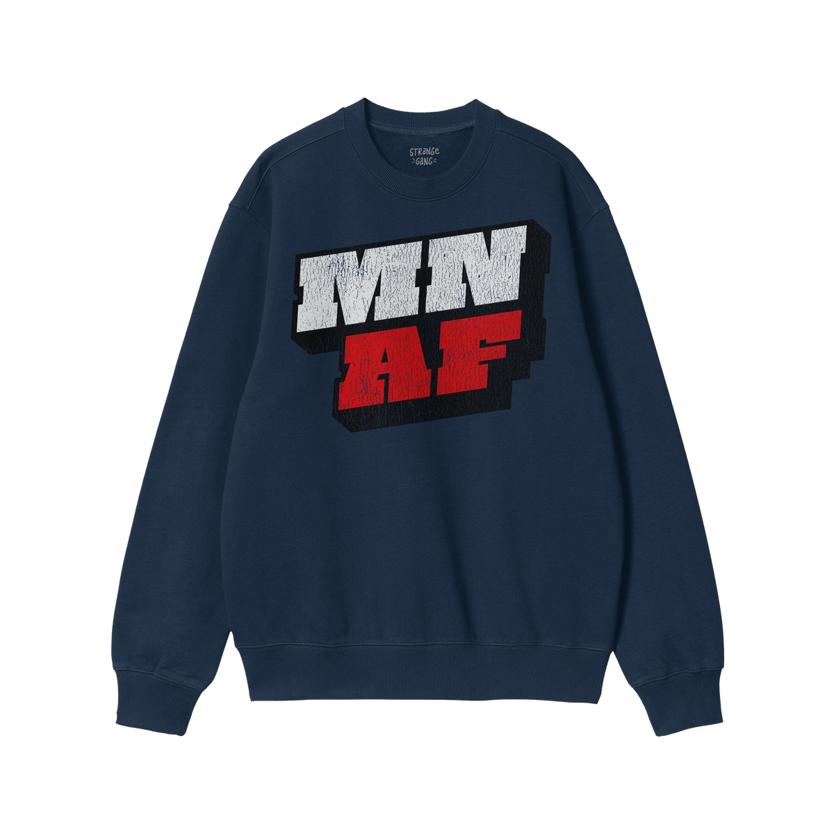 Navy-blue Minnesota As Fuck Anti-Fascist crewneck sweatshirt featuring bold MN and AF block lettering, symbolizing equality a
