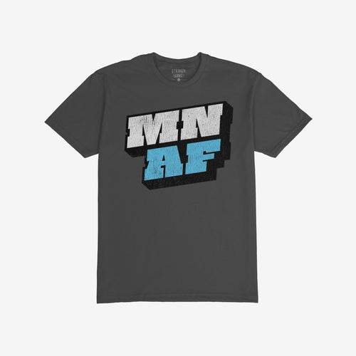 Dark-gray crew-neck Minnesota As Fuck Anti-Fascist T-shirt featuring bold MN AF 3D-style graphic in white and light blue, embodying a strong message with its edgy, blocky print design.
