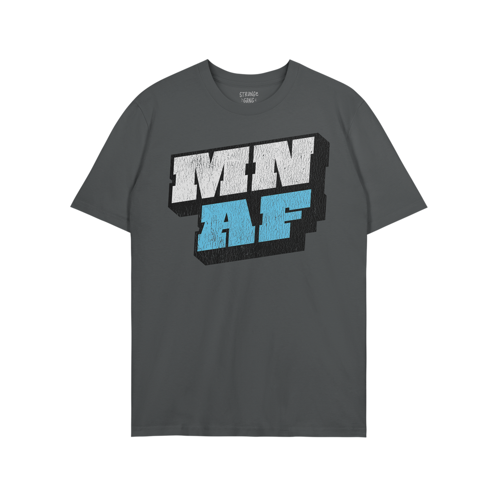 Dark-gray crew-neck Minnesota As Fuck Anti-Fascist T-shirt featuring bold MN AF 3D-style graphic in white and light blue, emb