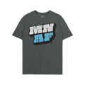 Dark-gray crew-neck Minnesota As Fuck Anti-Fascist T-shirt featuring bold MN AF 3D-style graphic in white and light blue, emb