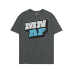 Dark-gray crew-neck Minnesota As Fuck Anti-Fascist T-shirt featuring bold MN AF 3D-style graphic in white and light blue, emb