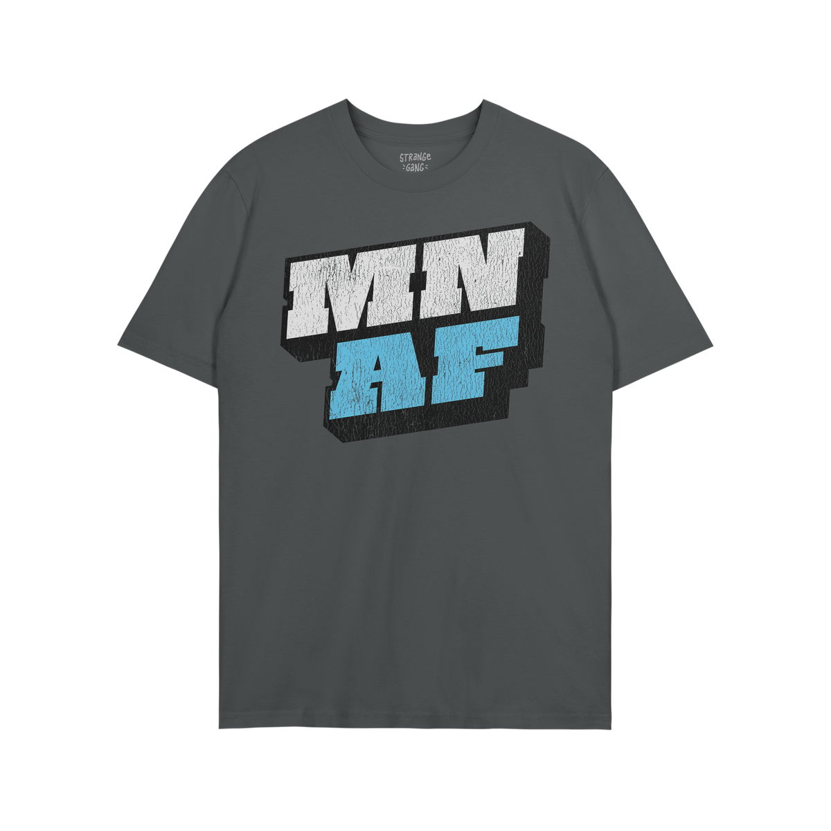 Dark-gray crew-neck Minnesota As Fuck Anti-Fascist T-shirt featuring bold MN AF 3D-style graphic in white and light blue, emb