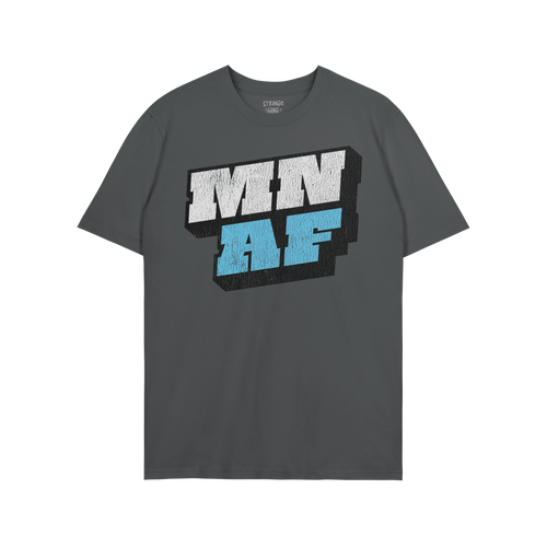 Dark-gray crew-neck Minnesota As Fuck Anti-Fascist T-shirt featuring bold MN AF 3D-style graphic in white and light blue, emb