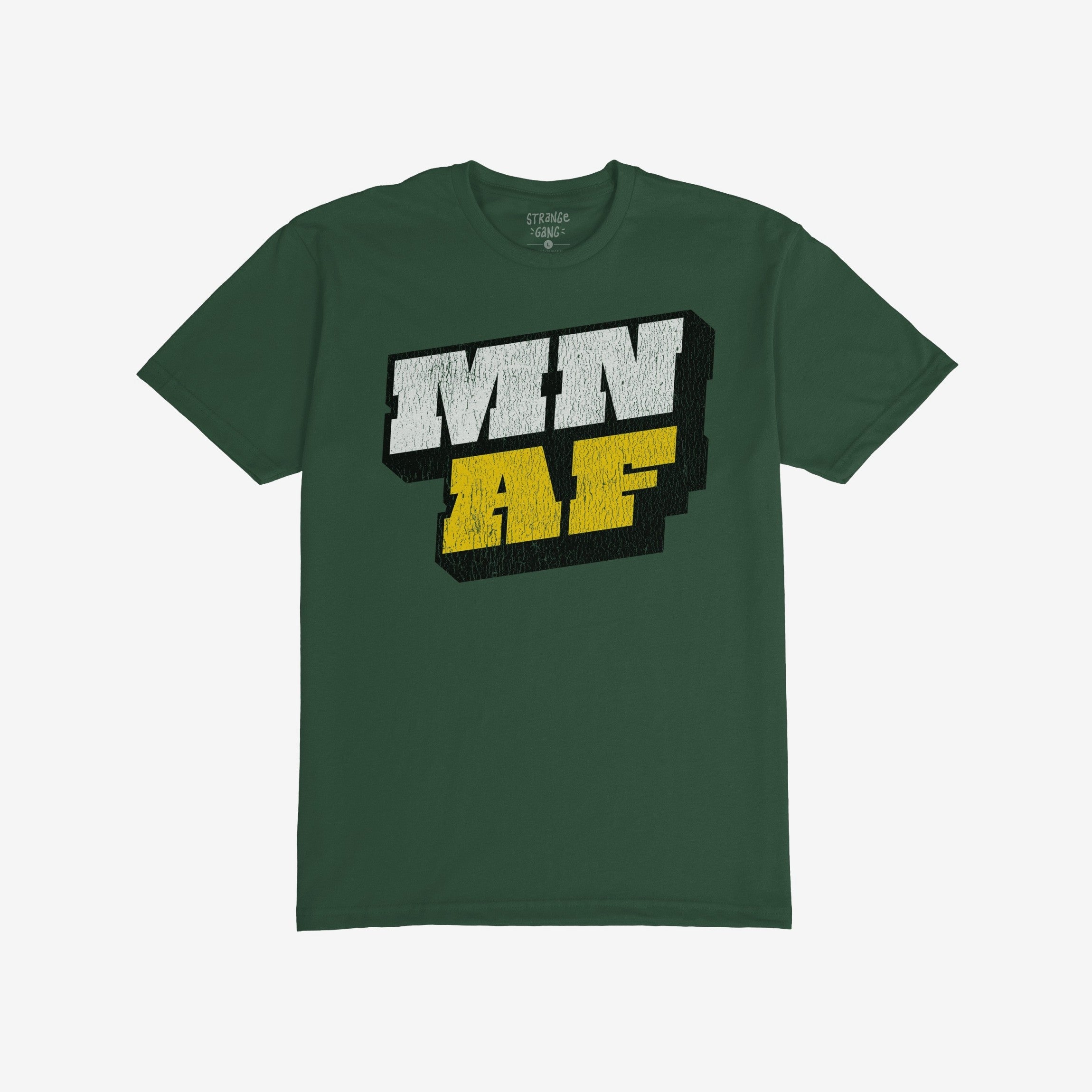 Forest-green Minnesota As Fuck Anti-Fascist T-shirt featuring distressed “MN” and “AF” graphics in white and yellow block letters, laid flat on a white background.