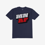 Navy-blue Minnesota As Fuck Anti-Fascist T-shirt featuring bold MN and AF letters with 3D effect, conveying dual messages of state pride and anti-fascism in a striking graphic design.
