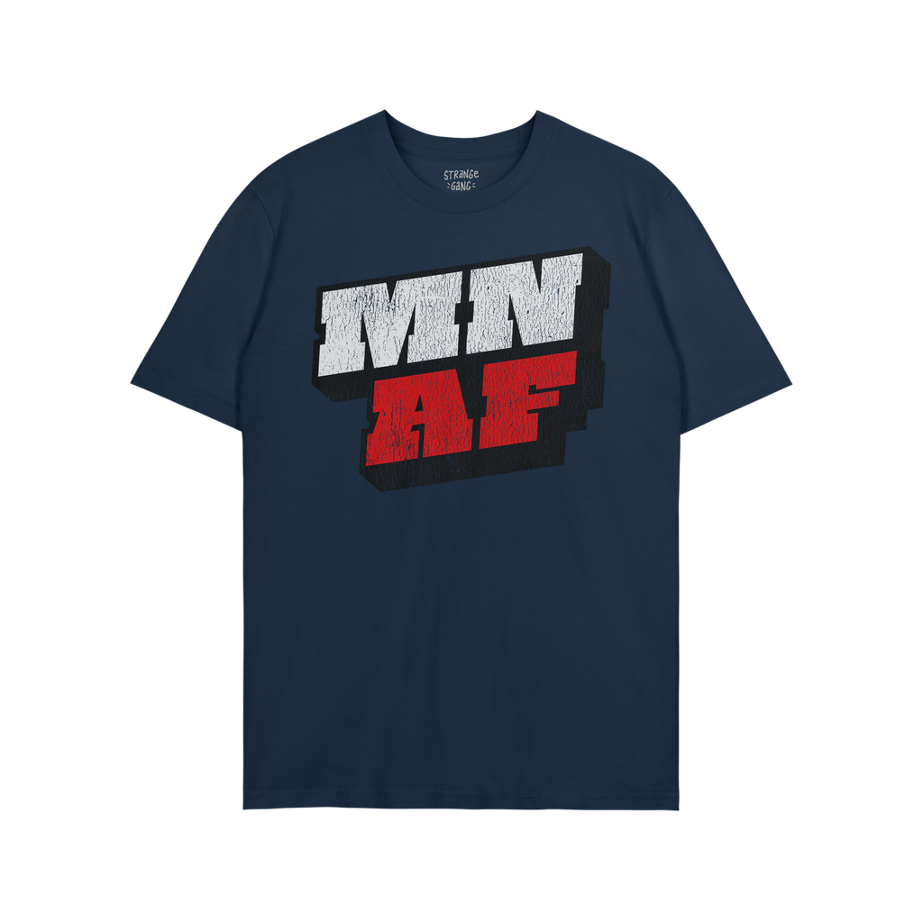 Navy-blue Minnesota As Fuck Anti-Fascist T-shirt featuring bold MN and AF letters with 3D effect, conveying dual messages of 