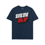 Navy-blue Minnesota As Fuck Anti-Fascist T-shirt featuring bold MN and AF letters with 3D effect, conveying dual messages of 
