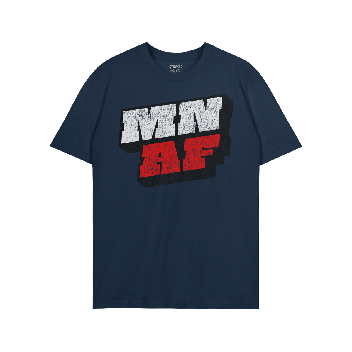 Navy-blue Minnesota As Fuck Anti-Fascist T-shirt featuring bold MN and AF letters with 3D effect, conveying dual messages of 