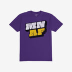 Minnesota As Fuck Anti-Fascist T-shirt featuring bold “MN” in white and “AF” in yellow with a 3D shadow effect on a purple tee, embodying activism and defiance.