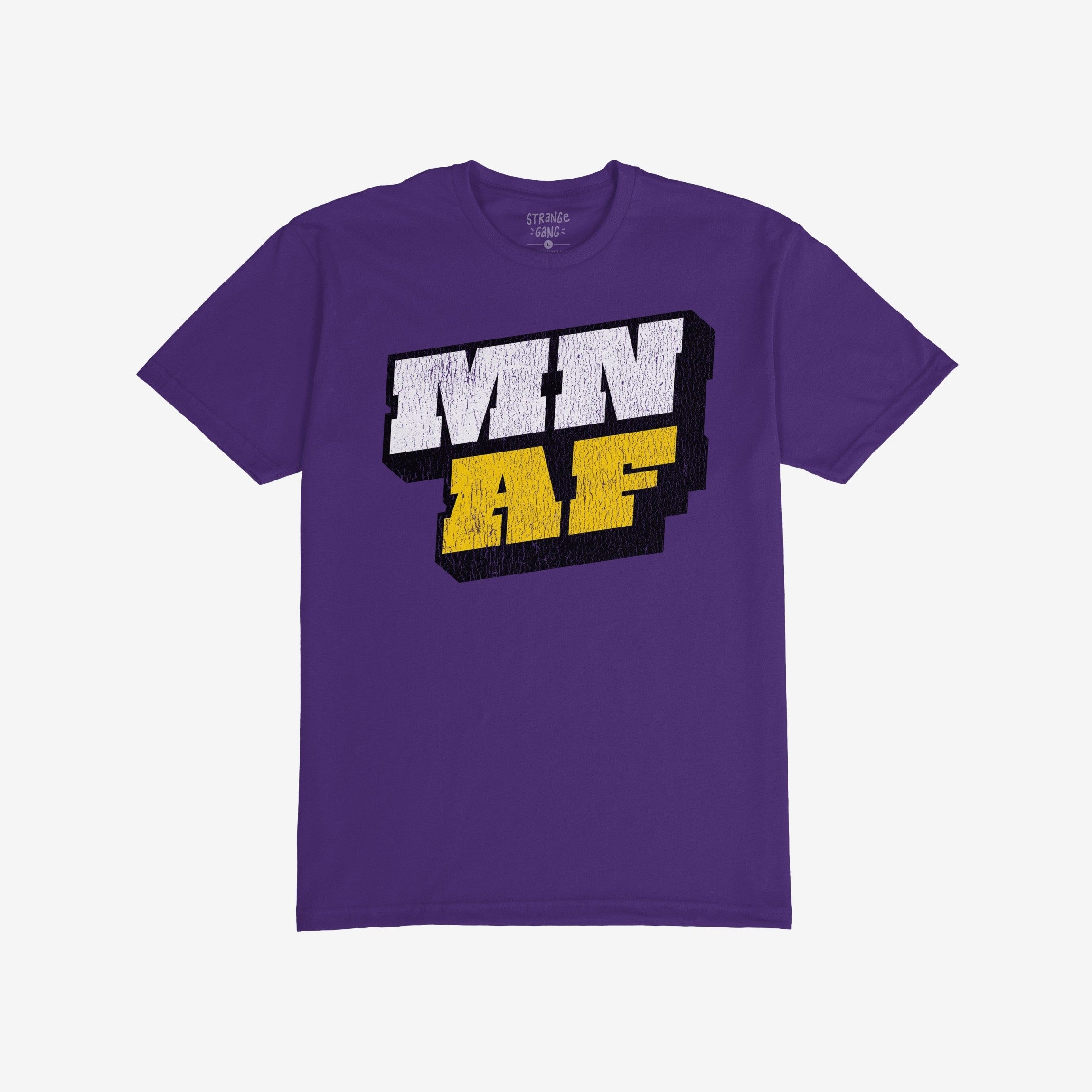 Minnesota As Fuck Anti-Fascist T-shirt featuring bold “MN” in white and “AF” in yellow with a 3D shadow effect on a purple tee, embodying activism and defiance.