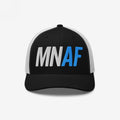 Black-and-white trucker-style cap, features MN AF embroidery, symbolizing Minnesota As Fuck and Anti-Fascist spirit, crafted for equality advocates.