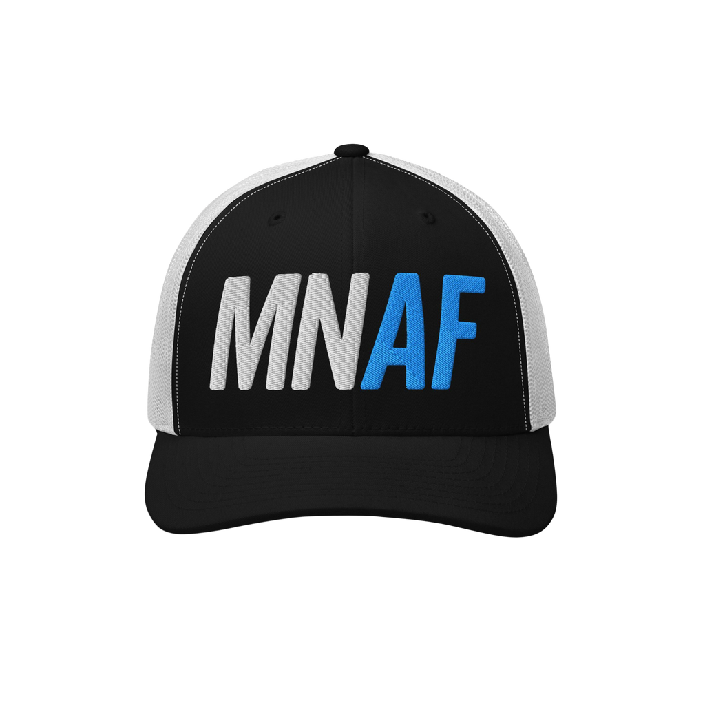 Black-and-white trucker-style cap, features MN AF embroidery, symbolizing Minnesota As Fuck and Anti-Fascist spirit, crafted 