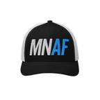 Black-and-white trucker-style cap, features MN AF embroidery, symbolizing Minnesota As Fuck and Anti-Fascist spirit, crafted 