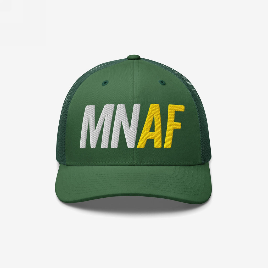 Green Minnesota As Fuck Anti-Fascist Hat featuring MN and AF embroidery, trucker style with mesh back, symbolizing pro-equality and anti-fascist values, ideal for activists and organizers.