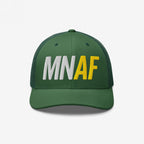 Green Minnesota As Fuck Anti-Fascist Hat featuring MN and AF embroidery, trucker style with mesh back, symbolizing pro-equality and anti-fascist values, ideal for activists and organizers.